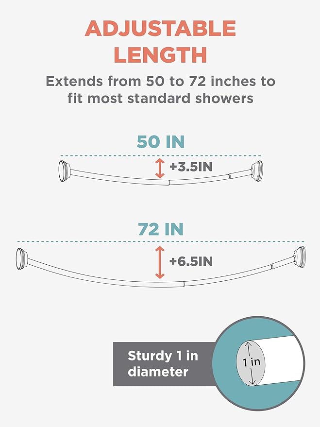 Zenna Home Curved Shower Curtain Rod, No Drill, 50-72 Inch Adjustable Tension Shower Rod for Bathroom, Rustproof, 1-Inch Diameter, Non Slip, Easy Install, Adds Space in Shower, Satin Nickel