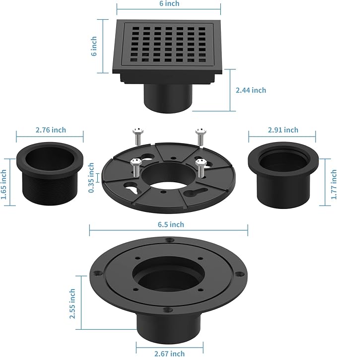 4 Inch Square Shower Floor Drain, Brushed Nickel High Flow Shower Drain Kit with Flange with Hair Filter, Removable Grate Cover, Stainless Steel, Abs Fixing Tray, CUPC Certified (Matte Black)
