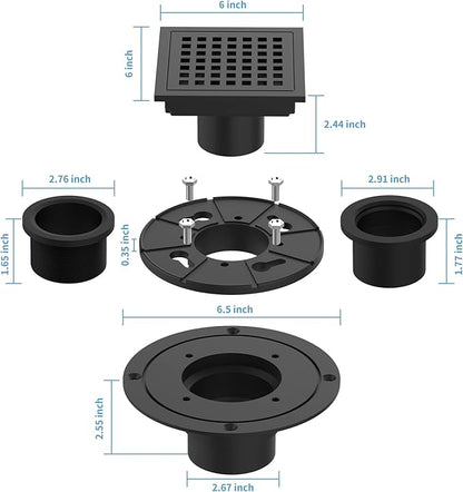 4 Inch Square Shower Floor Drain, Brushed Nickel High Flow Shower Drain Kit with Flange with Hair Filter, Removable Grate Cover, Stainless Steel, Abs Fixing Tray, CUPC Certified (Matte Black)