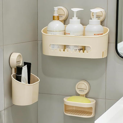 suntree Shower Caddy with Strong Suction Cups, No Drill Bathroom Shelf Organizer, Removable Soap Holder & Toothbrush Holder, Waterproof Storage with Drainage Design, Cream White