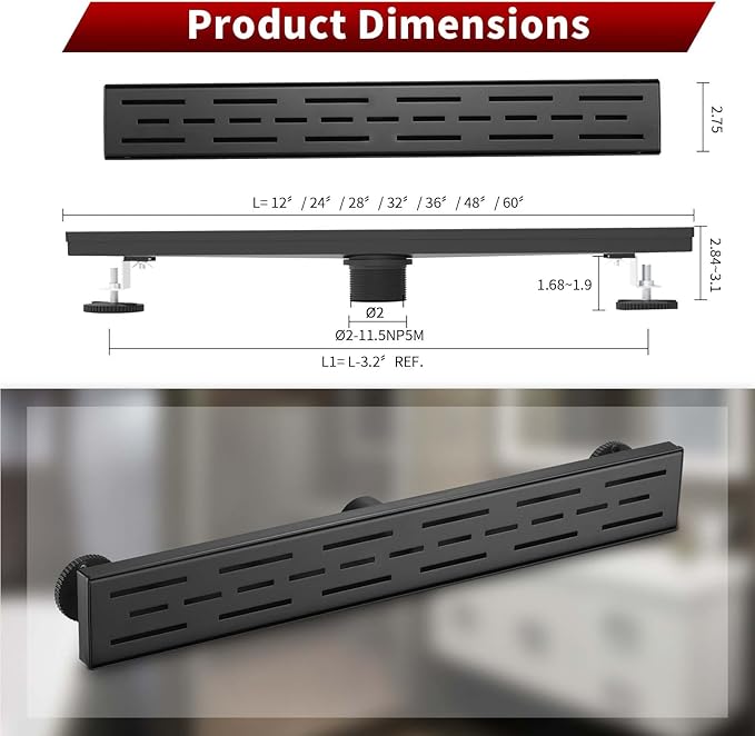 Sharp-tec Linear Shower Drain, 28 inch Shower Drain with Removable Pattern Cover, Matte Black 304 Stainless Steel Rectangle Floor Drain, Adjustable Feet and Hair Strainer Included (Model 101)