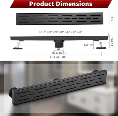 Sharp-tec Linear Shower Drain, 28 inch Shower Drain with Removable Pattern Cover, Matte Black 304 Stainless Steel Rectangle Floor Drain, Adjustable Feet and Hair Strainer Included (Model 101)