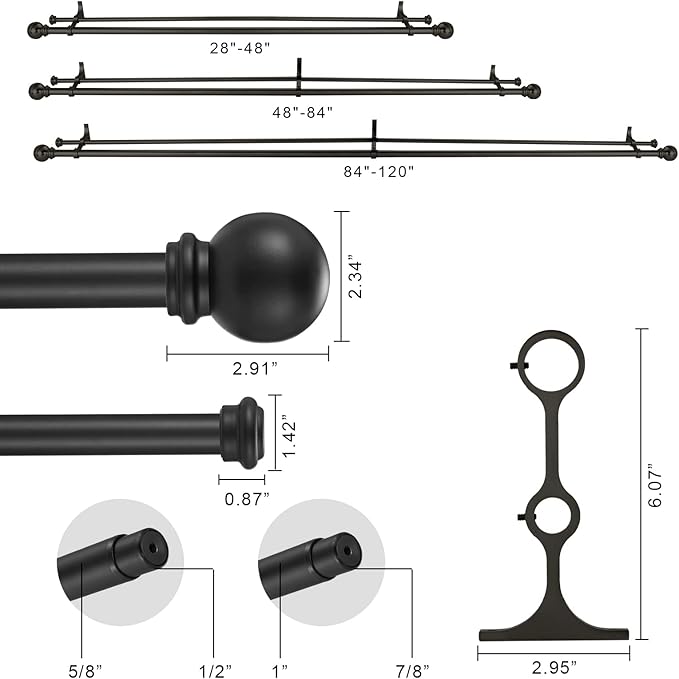 Double Curtain Rod 84 to 120 inch, Adjustable 1 inch Double Drapery Rod Rods for Windows and Doors with Ball Round Finials and Premium Aluminum Brackets Set (84-120",Matte Black)