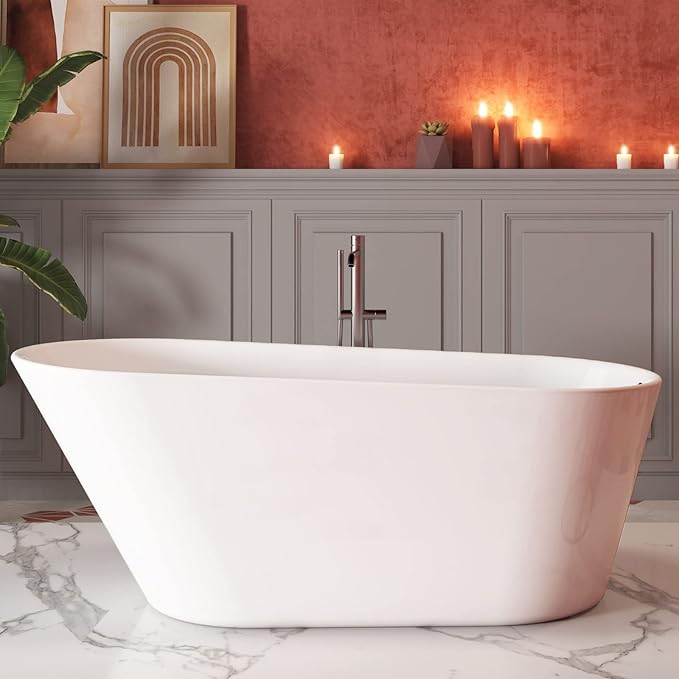 69" Acrylic Freestanding Bathtub, Single Slipper Free Standing Tub, Soaking Tub with Integrated Slotted Overflow, Toe-Tap Chrome Drain, cUPC Certified, Glossy White