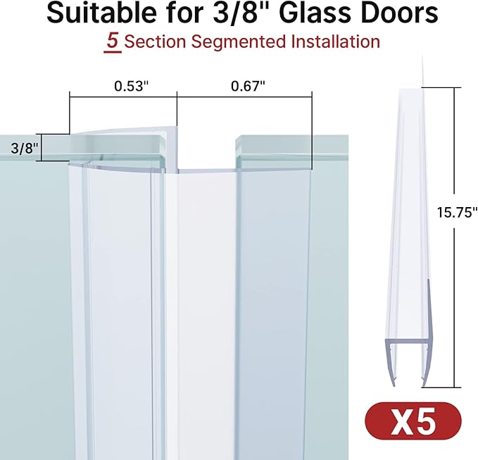 AmazerBath 5 PCS Shower Door Side Seal Strip for 3/8 Inch Glass - 15.75 Inches x 5, 5 Sections Segmented Shower Installation Kit, Frameless Glass Door Seal Strip