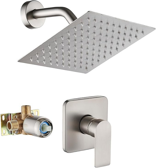 Brushed Nickel Shower Faucet Single Function Trim Kit with Rough-in Valve Set Bath Rainfall Shower System 8inch Square Stainless Steel Metal Shower Head