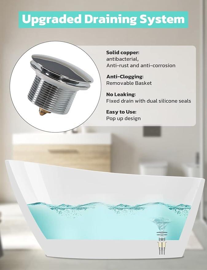 Freestanding Bathtub, 55 inch Acrylic Free Standing Soaking Bathroom Tub with Brushed Nickel-Finished Overflow and Anti-Clogging Drain, Easy Installation