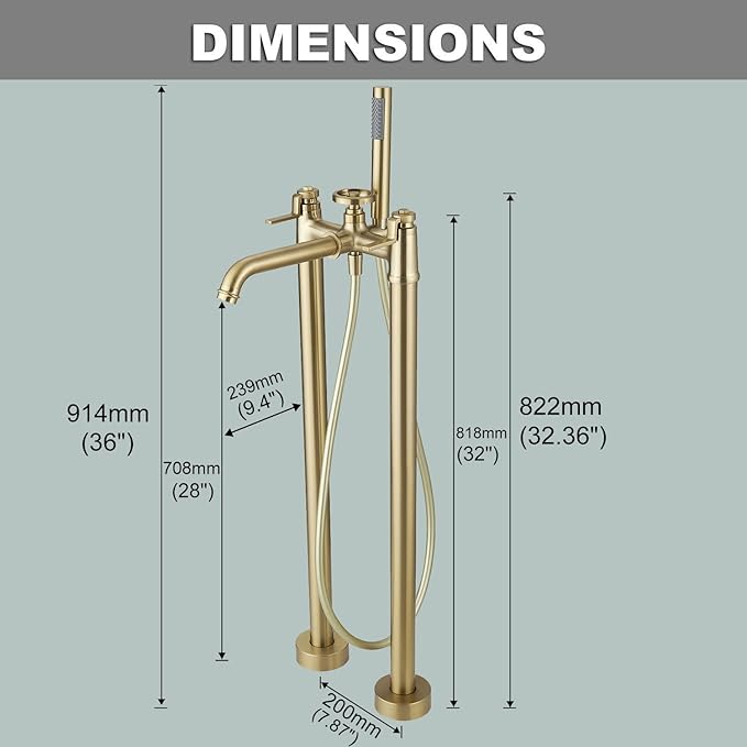 Gold Freestanding Bathtub Faucet Floor Mount Tub Filler with Handheld Shower Two Handle Two Feet High Flow Rate Mixer Tap Bathroom Tub Faucet