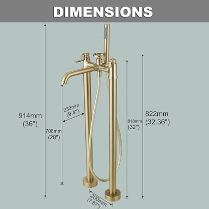 Gold Freestanding Bathtub Faucet Floor Mount Tub Filler with Handheld Shower Two Handle Two Feet High Flow Rate Mixer Tap Bathroom Tub Faucet