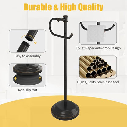 BESy Toilet Paper Holder Free Standing Bathroom Toilet Tissue Holder Stand for Floor Toilet Paper Roll Holder with Storage Hardware Accessories Rack Hand Towel Bar Oil Rubbed Bronze Stainless Steel