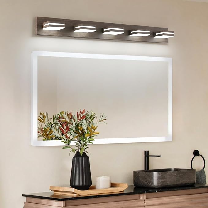 SineRise LED Modern Bathroom Vanity Light Fixtures (5-Light, 40-Inch, Dimmable), Brown Wood Painted Modern Acrylic Bathroom Wall Lighting Fixtures Over Mirror (Cool White 6000K)