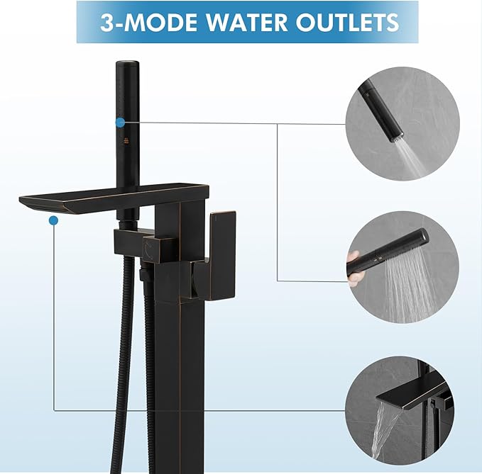 RUMOSE Oil Rubbed Bronze Bathtub Filler Freestanding Tub Filler Floor Mount Tub Faucet Waterfall Bathtub Faucet with CUPC Certified High Flow Brass Bath Shower Faucets with Handheld Sprayer