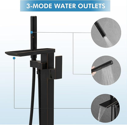 RUMOSE Oil Rubbed Bronze Bathtub Filler Freestanding Tub Filler Floor Mount Tub Faucet Waterfall Bathtub Faucet with CUPC Certified High Flow Brass Bath Shower Faucets with Handheld Sprayer