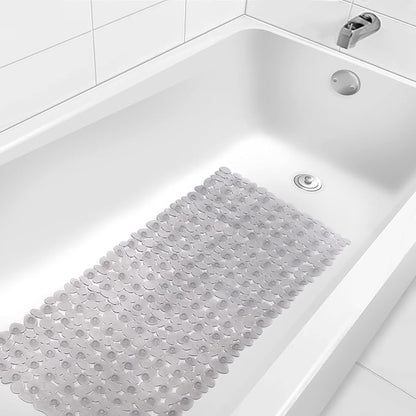 WELTRXE Non Slip Bathtub Mat 35 x 16 Inches Pebbles Shower Mats with Suction Cups, Drain Holes for Bathroom Showers, Tub, Machine Washable Bathroom Mats BPA, Latex Free Safe Tub Mats - Clear Gray