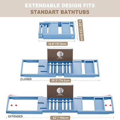 Yirilan Bamboo Bathtub Tray Caddy, 1 or 2 Person Expandable Wooden Bathroom Tray, Luxury Bamboo Bathtub Tray Expandable, Bath Tub Table Caddy with Extending, Blue