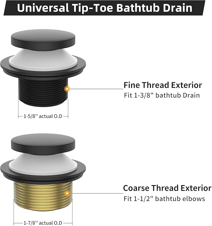 Matte Black Tub Drain Kit, Tip-Toe Bathtub Drains and Overflow Trim Set with 2-Hole Overflow Faceplate, Bathroom Bath Tub Drain Stopper Replacement Kit with Hair Catcher, Tub Faucet Set
