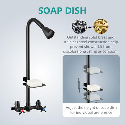Aolemi Outdoor Shower Kit,Outdoor Shower Fixtures Faucet System with Brass Showerhead,Double Handle Exposed Shower with Brass Mix Valve,6 Inch Center with Soap Dish,Pipe Upward,Matte Black