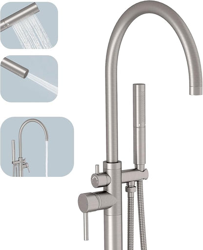 BESy Freestanding Bathtub Faucet Tub Filler Free Standing Floor Mount Stand Brass Bathroom Tub Faucets Sets with 2 Function Hand Sprayer Shower Wand Swivel Spout, Brushed Nickel Finish