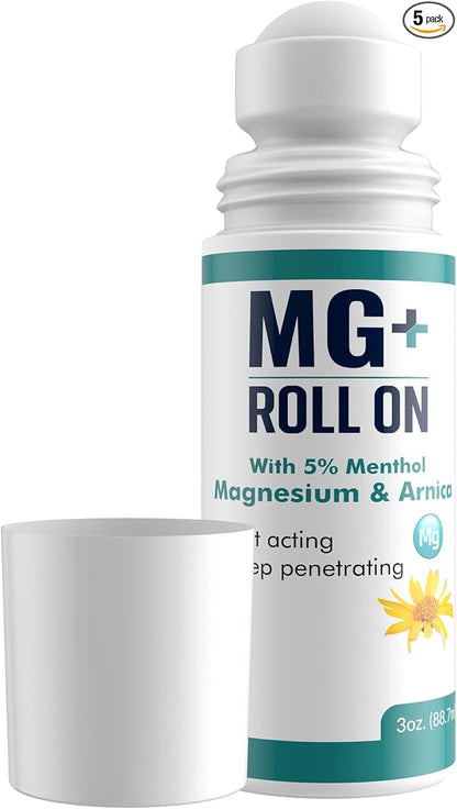 MARS WELLNESS MG+ Cooling Roll on Pain Relief (3 oz) – Fast Acting Arnica Roll on 5% Menthol Magnesium & Arnica – Penetrating Menthol Pain Relief Roll On Topical Pain Relief - 5 Pack