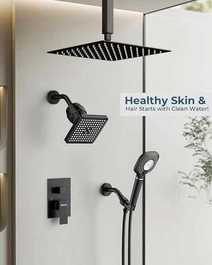 Shower Faucet Set, Ceiling Mount Shower System 12-inch & 6-inch Filtered Black Shower Head and Handle Set, Dual Shower Heads with 3 in 1 Handheld Spray and Valve & Trim Kit