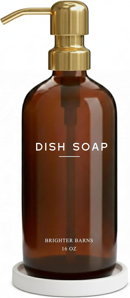 Luxury Glass Dish Soap Dispenser for Kitchen Sink by Brighter Barns - Kitchen Soap Dispenser Set with Pump & Tray - Refillable Glass Bottle for Liquid - Luxury Home Decor for Airbnb, Gift (Amber/Gold)