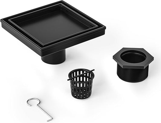 Square Shower Drain 6", Matte Black Floor Drain with Tiled Insert Grate & Hair Strainer, 304 Stainless Steel Bathroom 2-in-1 Tiled in Drain, CUPC Certified (Matte Black, 6'')
