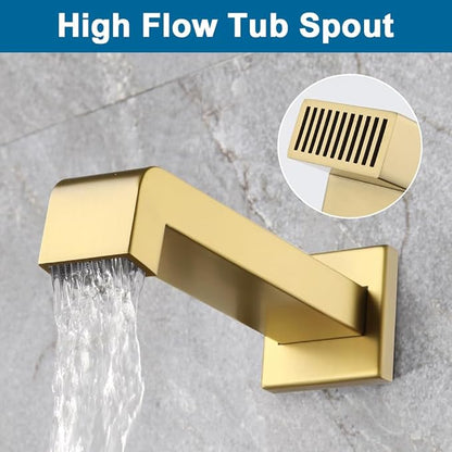 POP SANITARYWARE Shower Tub Faucet Set Brushed Gold Bathroom Rain Shower System with Tub Spout Wall Mounted Rainfall 10 Inch Thickened Shower Head and Handle Set Include Shower Valve and Trim Kit