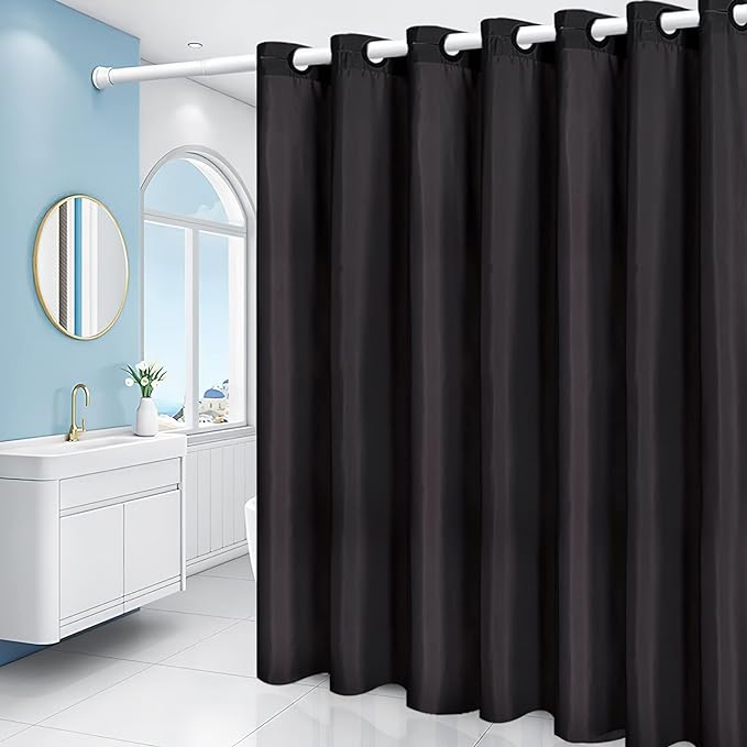 Furlinic No Hooks Needed Black Shower Curtain or Liner,Polyester Fabric Bathroom Curtains with 6 Split Grommets,Waterproof & Machine Washable,Stall Size,48x78 Inch