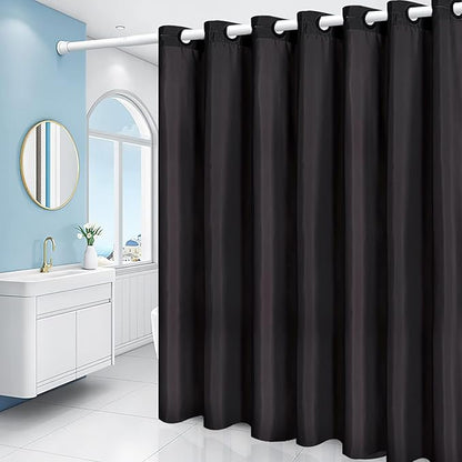 Furlinic Black Stall No Hook Shower Curtain,Heavy Duty Fabric Bathroom Curtain with 6 Plastic Built-in Hooks,Washable & Waterproof,Small Narrow,48x72 Inch