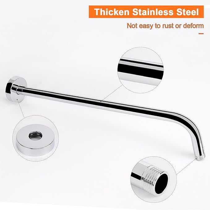 HarJue Shower Arm with Flange and Teflon Tape, Wall Mounted Shower Pipe 304 Stainless Steel Extension Arm for Fixed Shower Head & Handheld (24 Inch, Chrome)