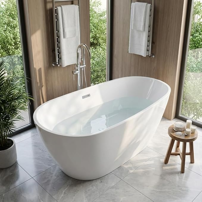 67 Inch Acrylic Freestanding Bathtub, Acrylic Soaking Bathtub with Matte Drain and Overflow, Modern Square Tub, cUPC Certified, Deep Ergonomic Design, Double-Walled Insulation, Easy Installation