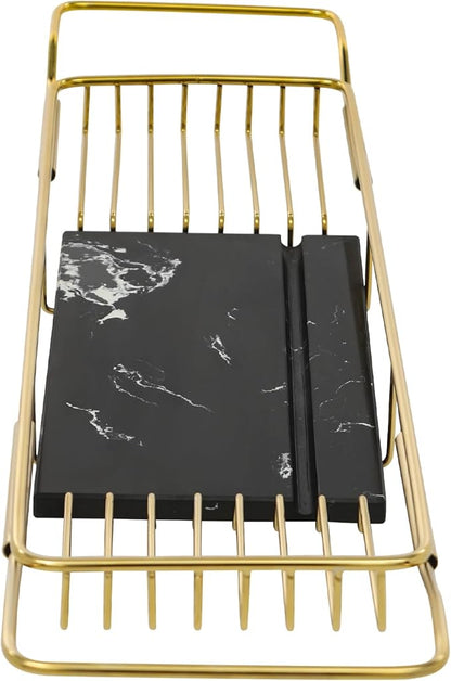 Bathtub Tray Caddy for Luxury Bath, Stainless Steel 26.8-35.4 in Expandable Extra Wide Bath Tub Tray with Natural Marble and Mobile/Tablet Stand, Ideal for Home Spa Lovers (Gold + Black)