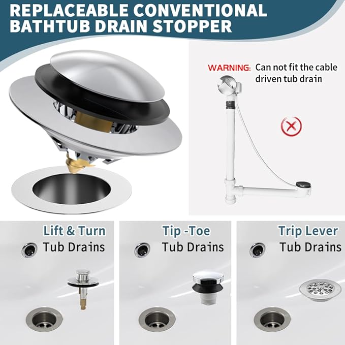 Bathtub Drain Stopper with Hair Catcher, Anti Clogging Bath Tub Drain Stoppers, Replaces Lift and Turn, Tip-Toe and Trip Lever drains for Tub, Easy Install and Clean (Chrome Silver)