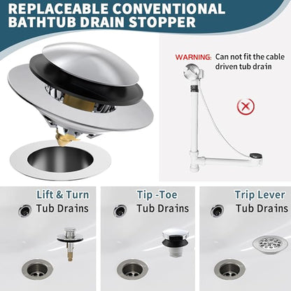 Bathtub Drain Stopper with Hair Catcher, Anti Clogging Bath Tub Drain Stoppers, Replaces Lift and Turn, Tip-Toe and Trip Lever drains for Tub, Easy Install and Clean (Chrome Silver)