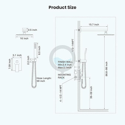 gotonovo Rainfall Bathroom Shower System Rain Shower Head and Handle Set Wall Mounted Shower Complete Combo Solid Brass Pressure Balancing Shower Mixer Valve 16 Inch Matte Black