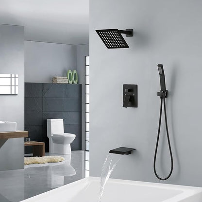 JOYWELL Bathtub Shower System Matte Black with 8 Inch Shower Head and Handheld Shower Tub Faucet Combo