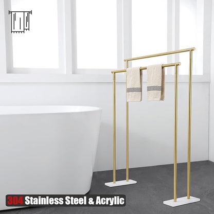 JQK Bath Towel Bar Free Standing Gold, 30 Inch Stand Double Towel Rack Holder Shelf for Bathroom Floor, Brushed Gold, BTH120L30-WG
