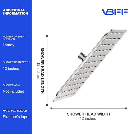 VBFF-Shower Head,rain shower head, 12 inch- Square Shower Head, 1.8 GPM Flow Rate, rainfall showerhead,VBFF09 (Brushed Nickel)