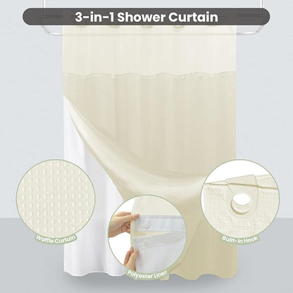Inhousolu No Hook Shower Curtain with Snap in Fabric Liner Set Waffle Weave 230GSM Weighted Hem, Waterproof & Washable Bathroom Curtain Spa Luxury with Mesh Top Window 72" W x 72" L Ivory