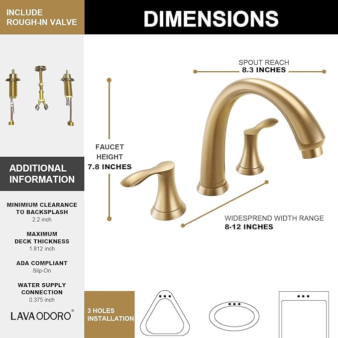 Lava Odoro 2-Handle Widespread Roman Tub Faucet, Bronze Gold Tub Faucet, Brass Roman Bathtub Faucet, Tub Filler, Valve Included, TF405-BB