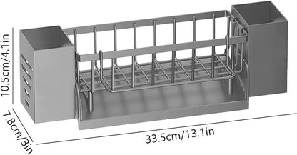 Kitchen Sink Caddy Organizer, Sponge Holder for Kitchen Sink with Drain Tray, 3 Compartments Utensil Drying Rack, Kitchen Utensils Holder with Towel Bar, Kitchen Countertop Organizers