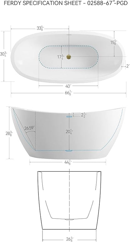 FerdY Naha 67" Freestanding Bathtub, Curve Edge Soaking Bathtub with Polished Gold Drain and Minimalist Linear Design Overflow, Easy to Install 588
