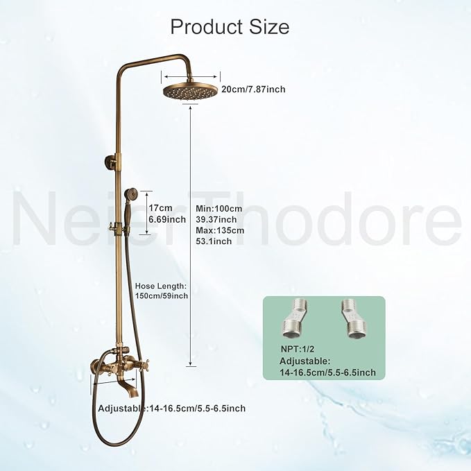 NeierThodore Antique Brass 8-Inch Bathroom Shower Faucet System Rainfall Shower Head Wall-Mounted Dual Cross Handle Bathtub Shower Mixer Tap with Hand Sprayer