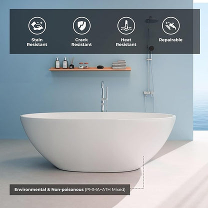 71" Premium Solid Surface Freestanding Bathtubs, Oval Stone Resin Tub with Overflow and Pop-up Drain, Matte White