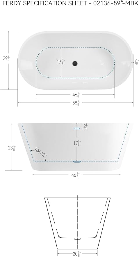 FerdY 59" Shangri-La Elite, Acrylic Freestanding Bathtub, Modern & Contemporary Design Soaking Tub with Matte Black Pop-Up Drain and Minimalist Design Overflow, Glossy White, cUPC Certified