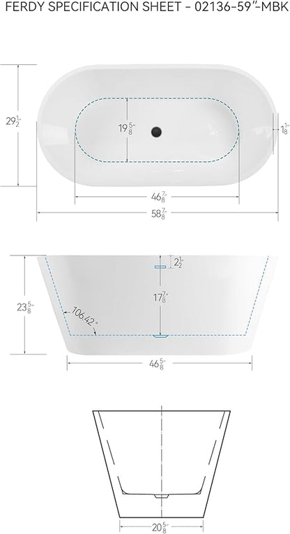 FerdY 59" Shangri-La Elite, Acrylic Freestanding Bathtub, Modern & Contemporary Design Soaking Tub with Matte Black Pop-Up Drain and Minimalist Design Overflow, Glossy White, cUPC Certified