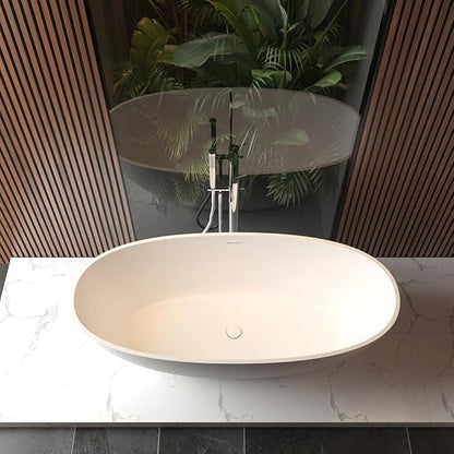 GarveeLife Freestanding Solid Surface Bathtub 65 Inch – Matte White Stone Stand Alone Soaking Tub with Ergonomic Curves, Deep Modern Bathtub for Luxury Main Bathroom