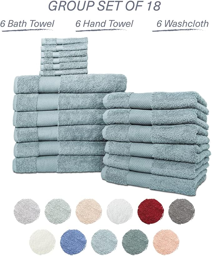 Hencely 18-Piece Bath Towel Set - High Absorbency, Quick Drying - 100% Soft Turkish Cotton - 6 Bath Towels, 6 Hand Towels, 6 Washcloths - Bathroom, Home, Hotel, Spa, and Gym - 18-Pack Water Green