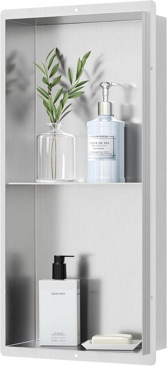 Bathroom Wall Niche, Stainless Steel Shower Niche 12" X 24", Rimless Recessed Wall Shelf for Bathroom, Double Shelves Bathroom Niche No Tile Needed, Brushed Nickel