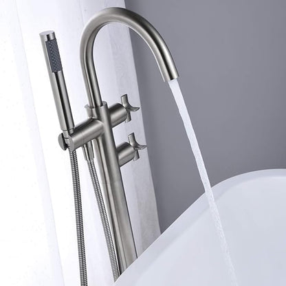 Tub Filler Freestanding Bathtub Faucet Brushed Nickel Floor Mount Brass Faucets with Hand Shower